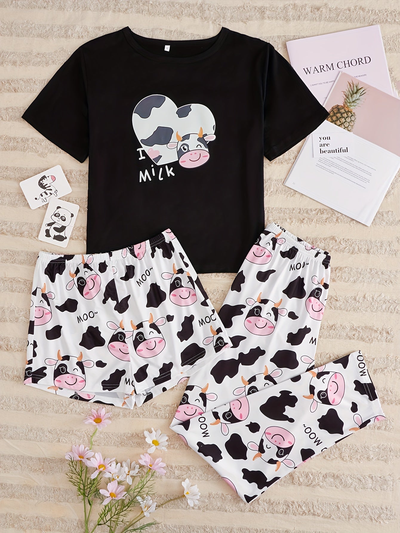 Cow Print Pajamas Set Short Sleeve Top & Shorts & Pants
