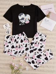 Cow Print Pajamas Set Short Sleeve Top & Shorts & Pants