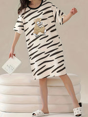 Cartoon Bear Print Lounge Dress Soft Comfy Short Sleeve Women's Loungewear