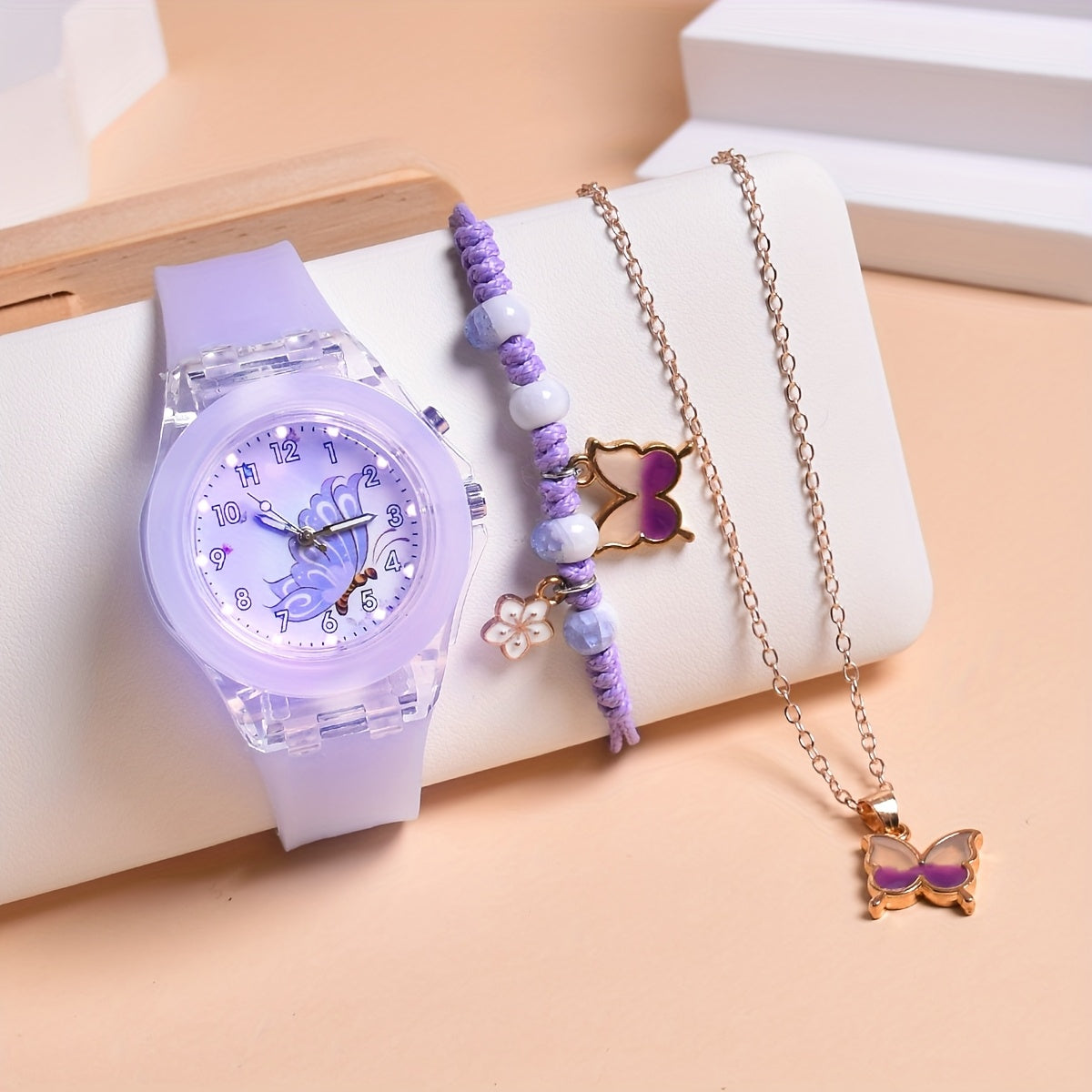 3pcs Butterfly Quartz Watches Set Light Luminous Soft Belt Wristwatches
