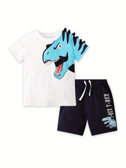 Boys Dino Print T Shirt & Shorts Set, Summer Ready, Cotton