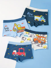 4pcs Boy's Cotton Boxer Briefs Excavator Truck Print Shorts