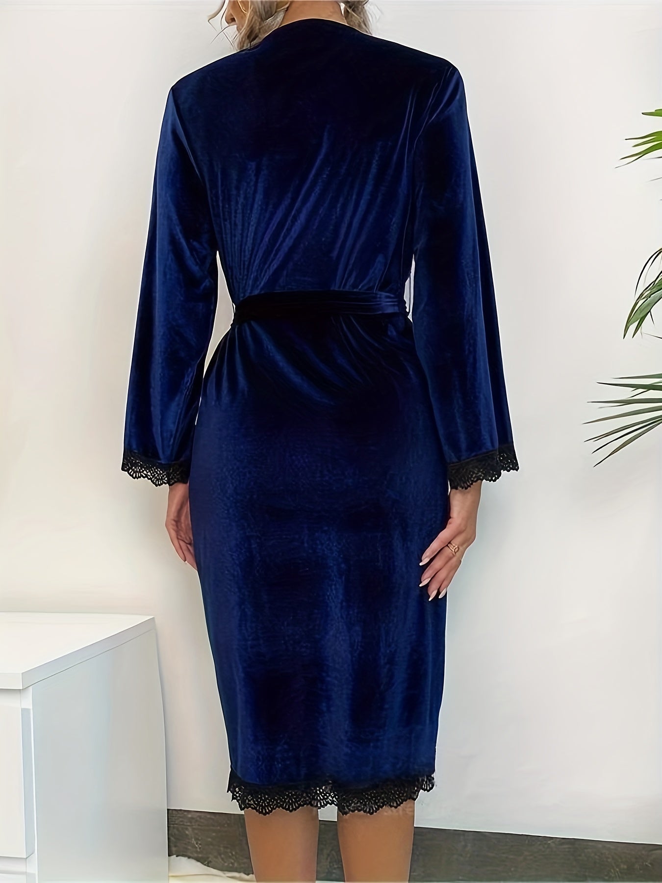 Velvet Night Robe V Neck Lace Long Sleeve Sleepwear
