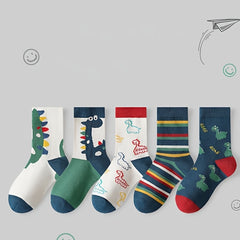 5 Pairs Boy's Dinosaur Cartoon Crew Socks Breathable Comfy Casual Style Unisex