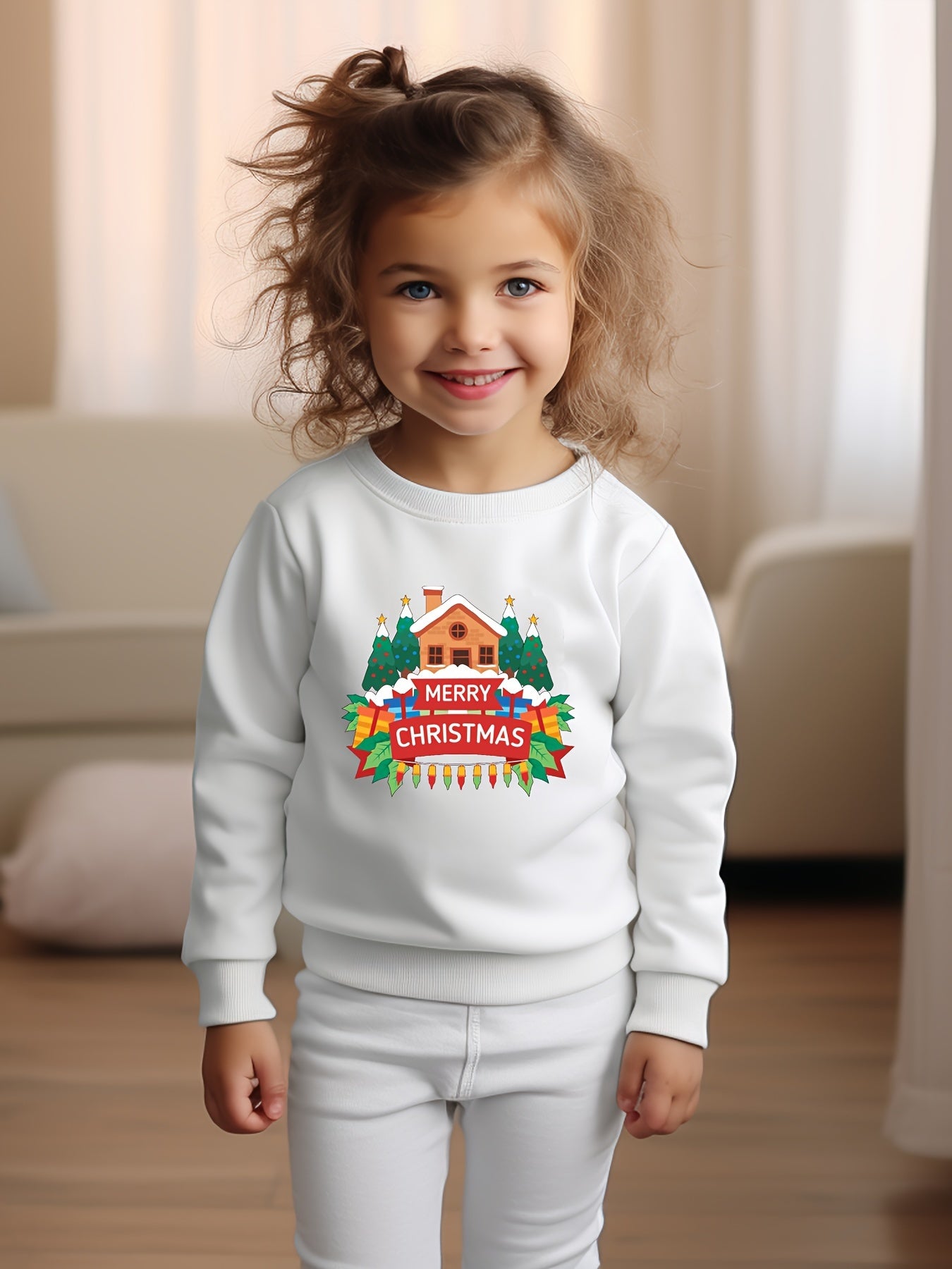 Christmas Reindeer And Bear Print Girls Sweatshirt