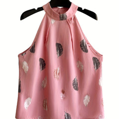 Feather Print Halter Neck Top Sleeveless Summer Women's Clothing