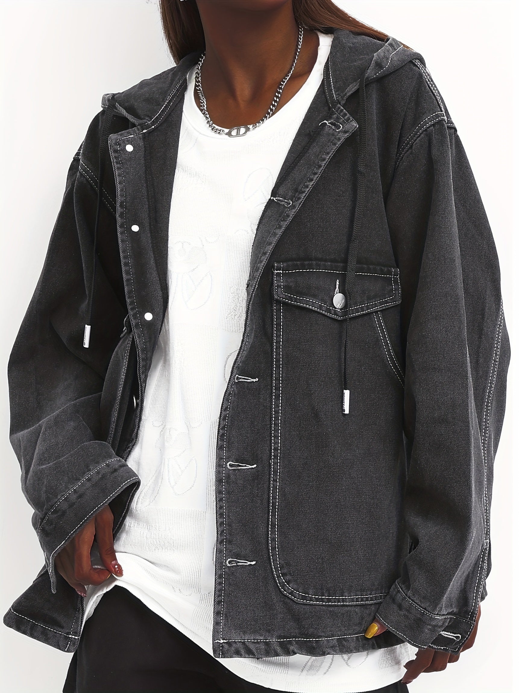 Solid Hooded Denim Jacket with Pockets
