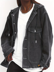 Solid Hooded Denim Jacket with Pockets