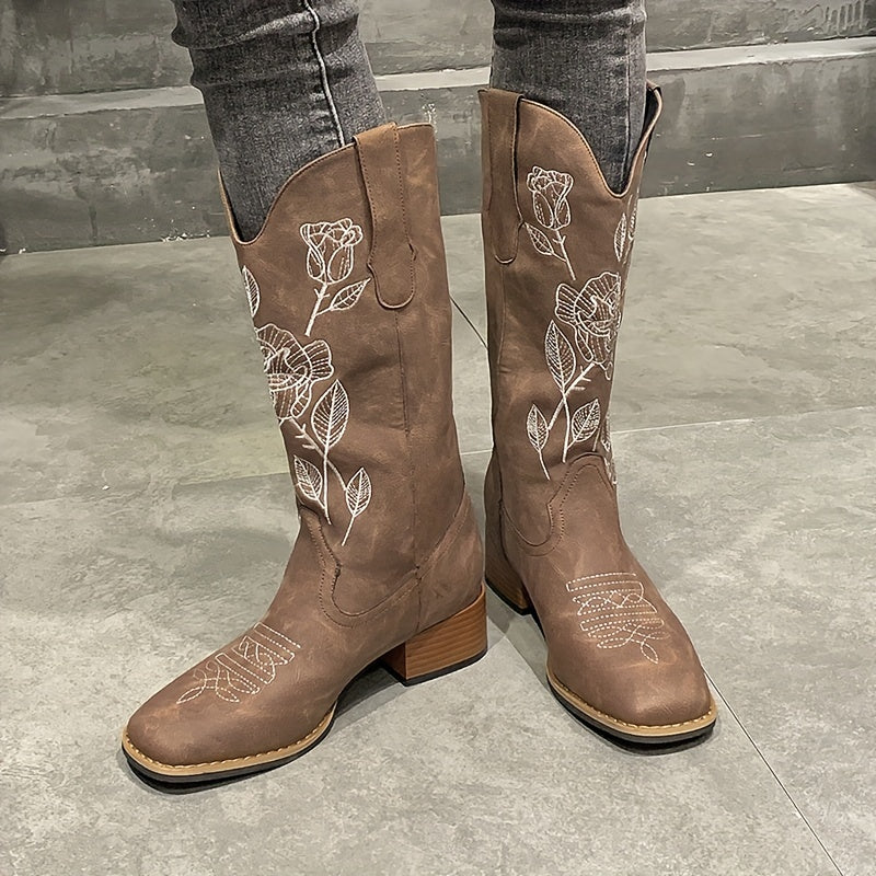 Western Embroidered Cowgirl Boots Chunky Heeled Mid Calf Boots