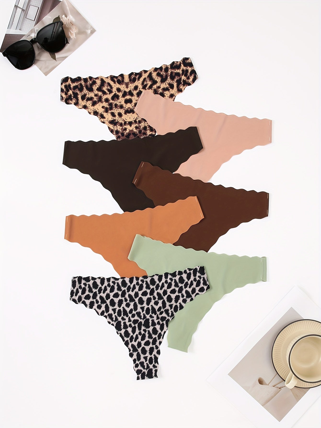 7pcs Seamless Scallop Trim Thongs Soft & Comfy Stretchy Intimates Panties
