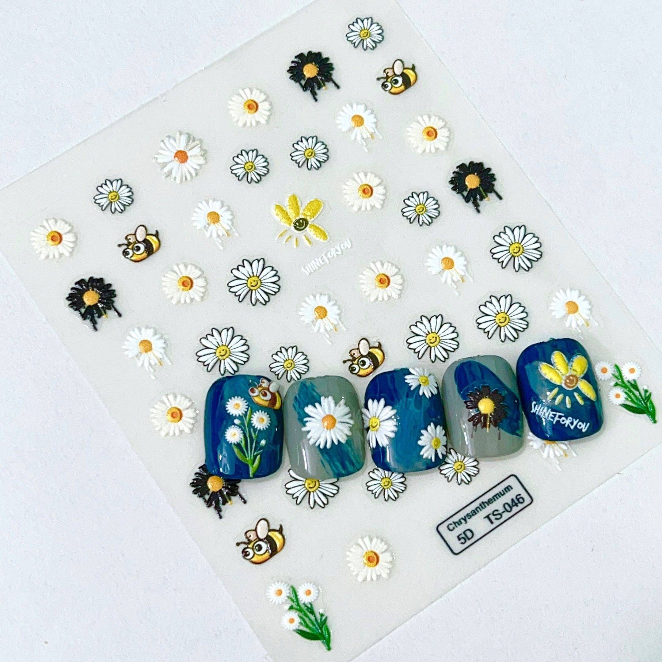 5D Daisy Bee Nail Art Stickers, Self Adhesive Nail Decals
