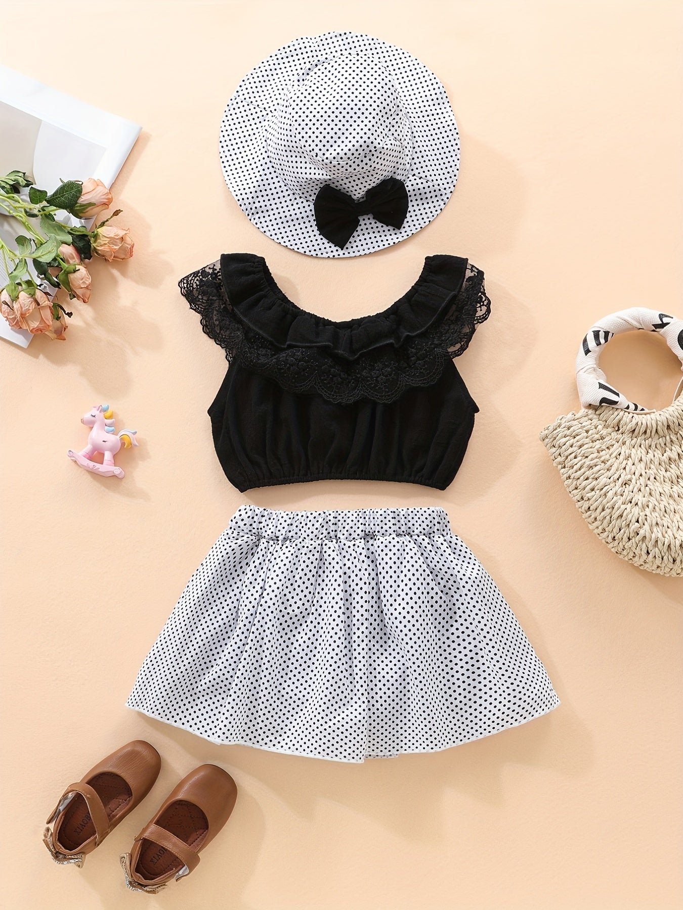 3pcs Baby Girls Lace Off shoulder Tops Polka Dot Skirt Hat Summer Clothes Sets