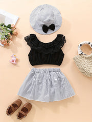 3pcs Baby Girls Lace Off shoulder Tops Polka Dot Skirt Hat Summer Clothes Sets