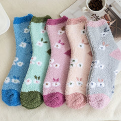 Floral Print & Colorblock Fuzzy Socks Set