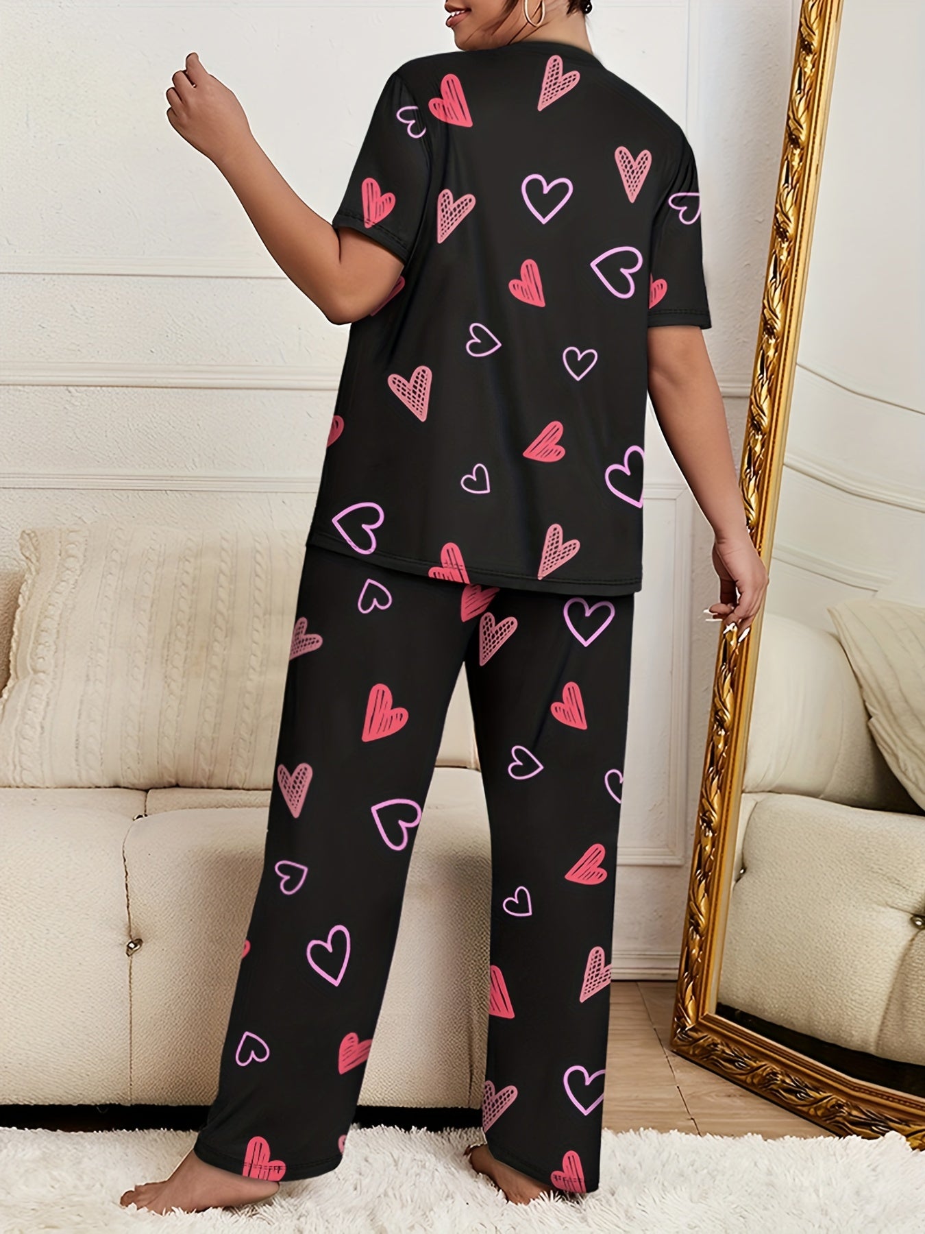 Leopard Cat Graphic Pajama Set Short Sleeve Tee & Wide Leg Pants