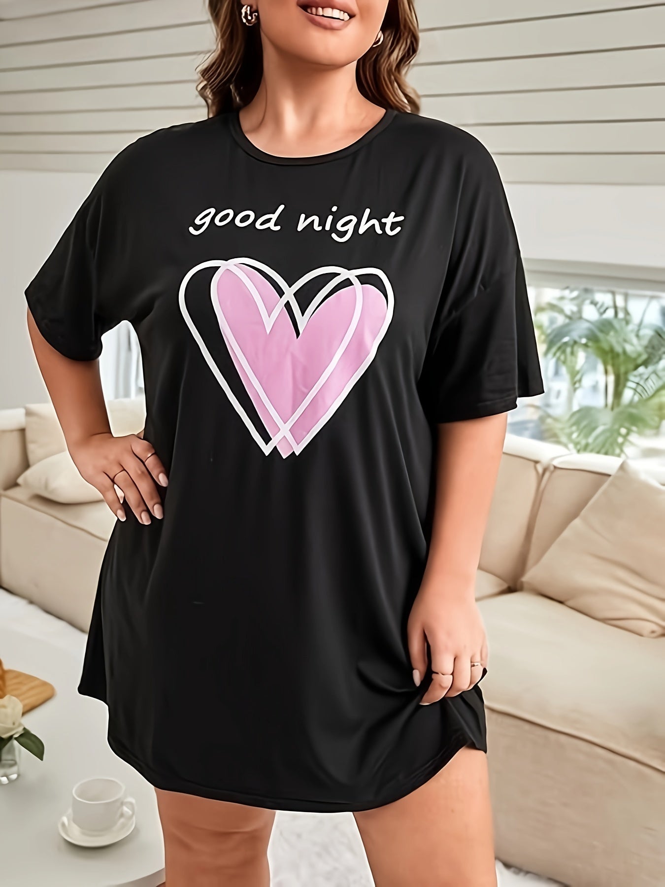 Nightdress Women's Plus Slogan & Heart Print Sleep Dress