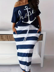 Off Shoulder Top & Striped Long Skirt Dress Set