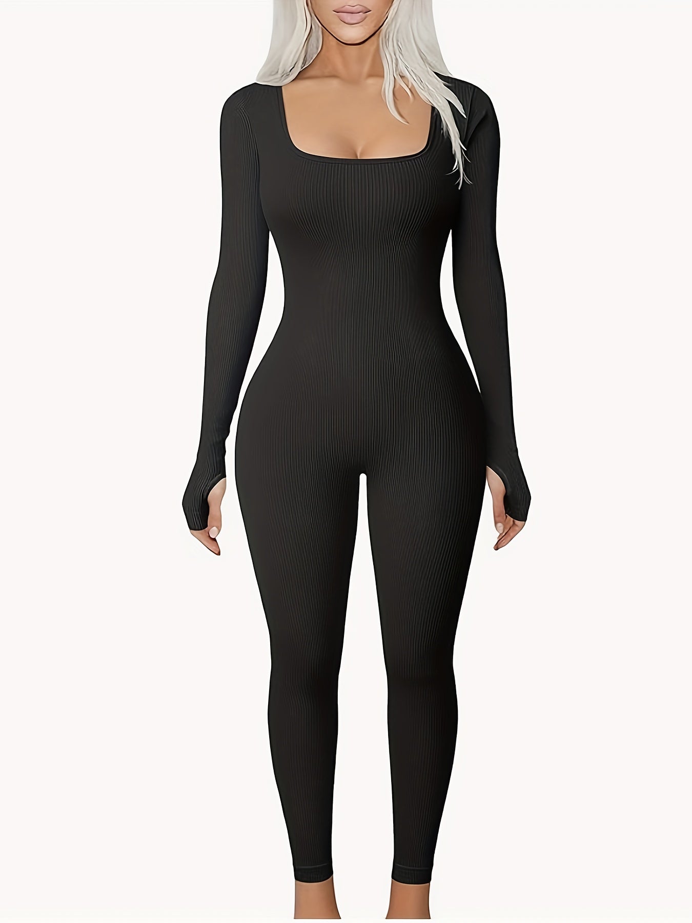 Solid Yoga Jumpsuit Ribbed Long Sleeve Square Neck Bodysuit