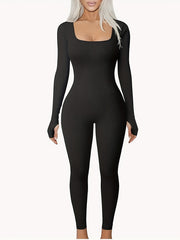 Solid Yoga Jumpsuit Ribbed Long Sleeve Square Neck Bodysuit