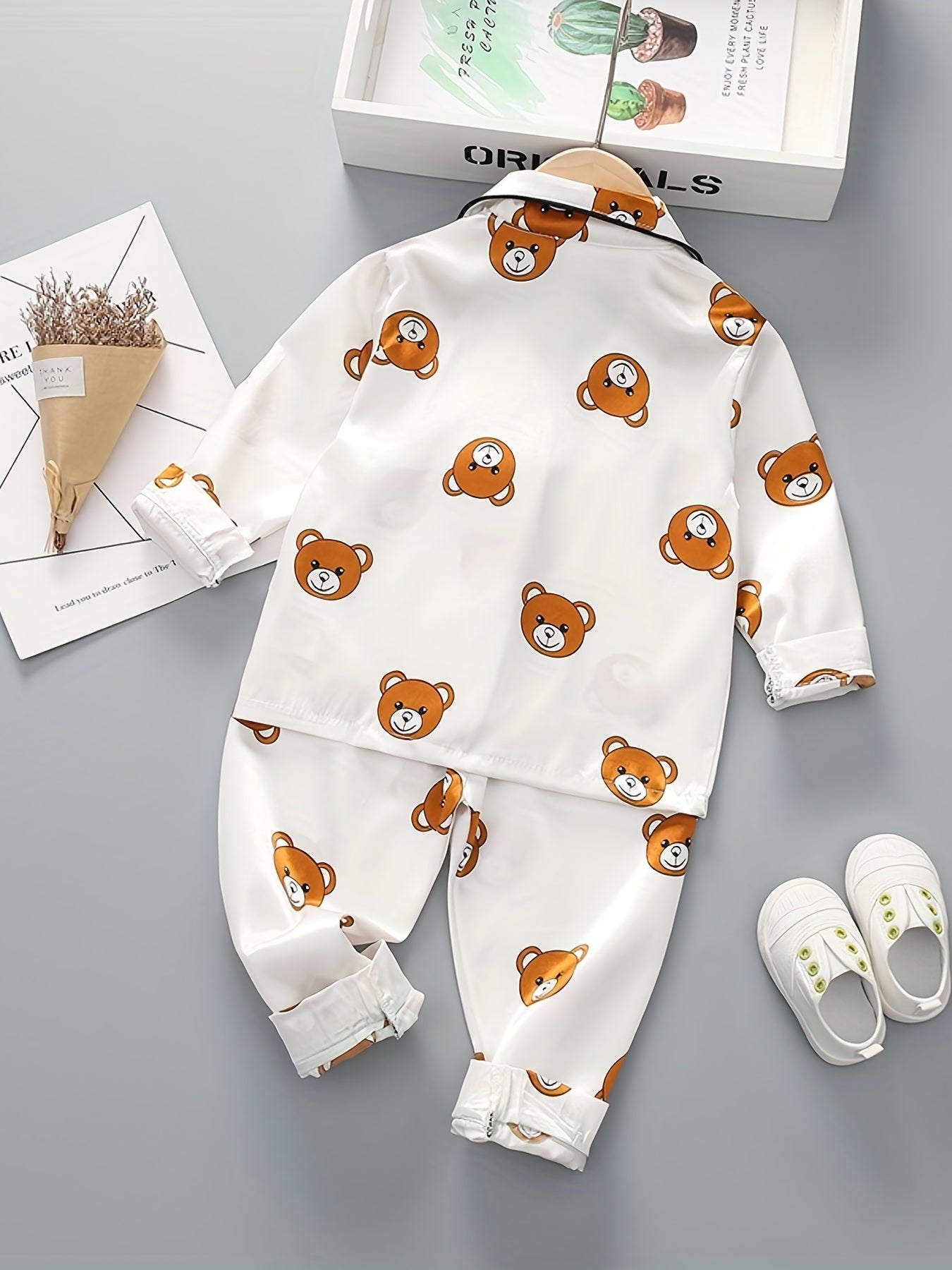 Boys 2pc Bear Print Pajamas Set Long Sleeve Top & Pants Kids Lounge Wear