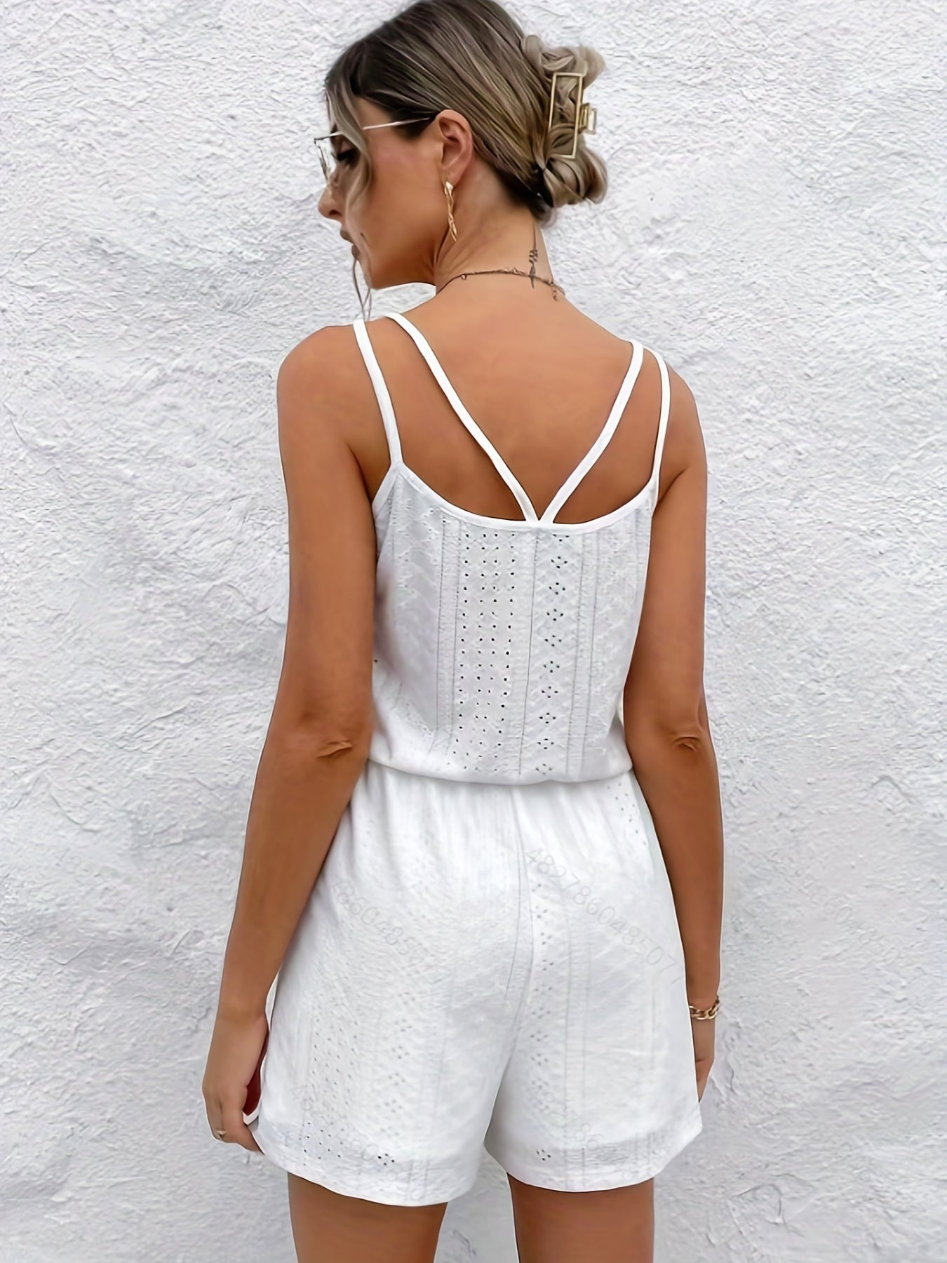 Solid Eyelet Romper Jumpsuit Casual Sleeveless Romper Jumpsuit