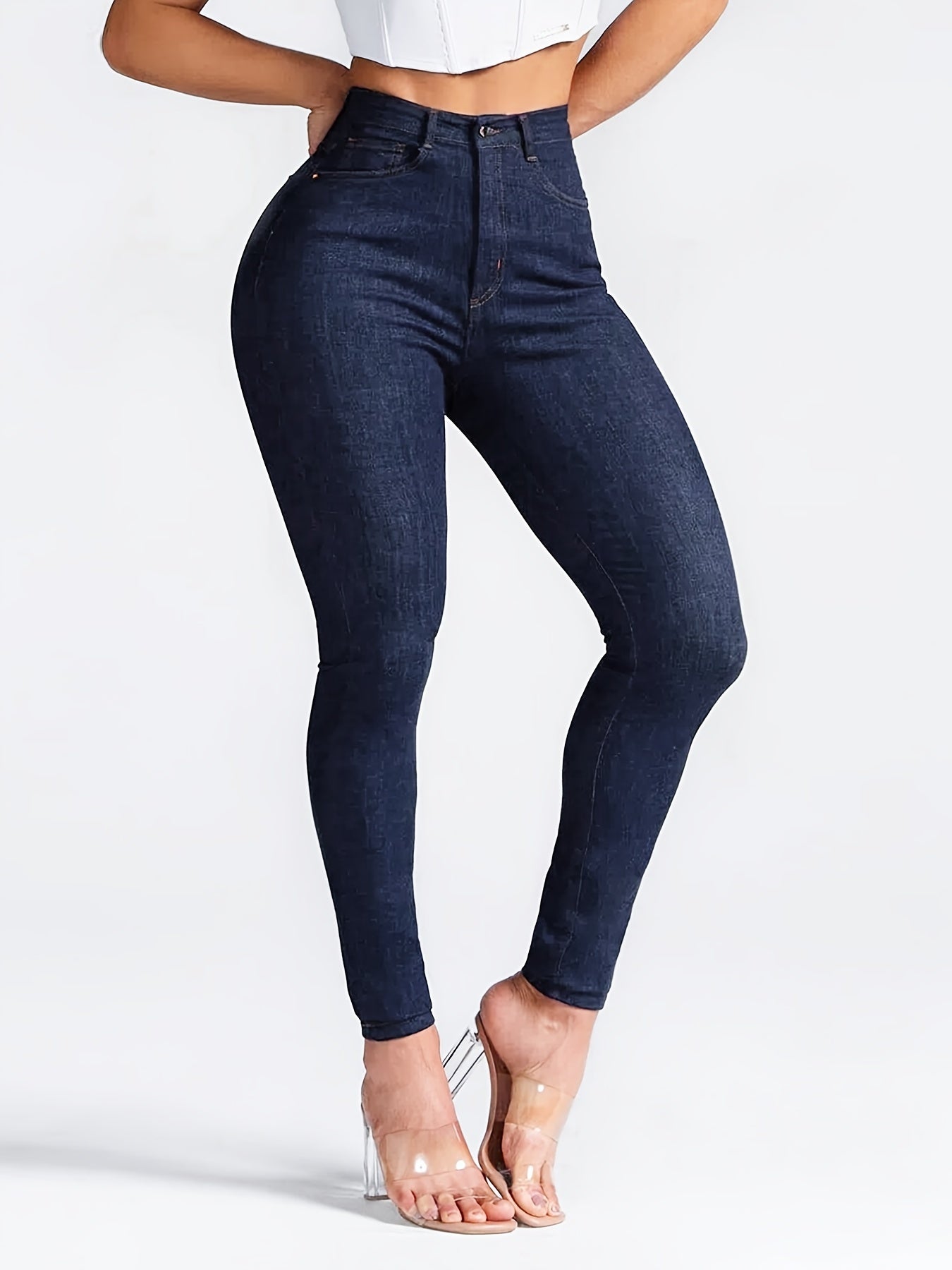 High Rise Skinny Jeans Dark Denim Women's Clothing