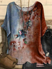 Floral Print Short Sleeve Round Neck Split Top