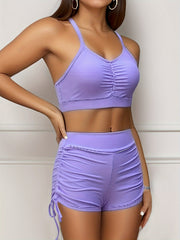 Solid V Neck Ruched Bikini Set Spaghetti Straps High Waist Boxer Short Swimsuit