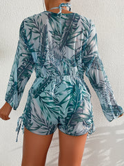 Leaf Print Bikini Set Halter Triangle Tie High Cut With Cover Up Swimsuit