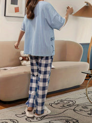 Bear Print Pajama Set Short Sleeve Top & Plaid Pants Women's Loungewear