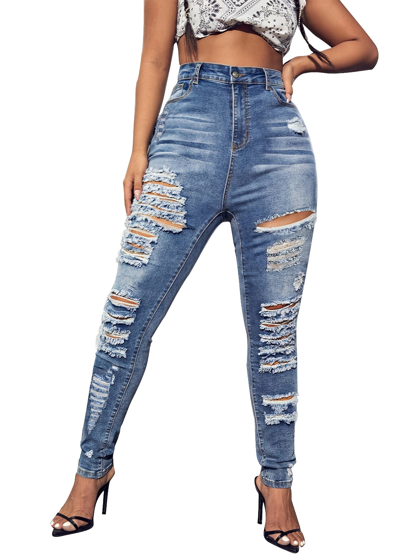 High Rise Skinny Jeans Plus Size Ripped Women's Casual Skinny Jeans
