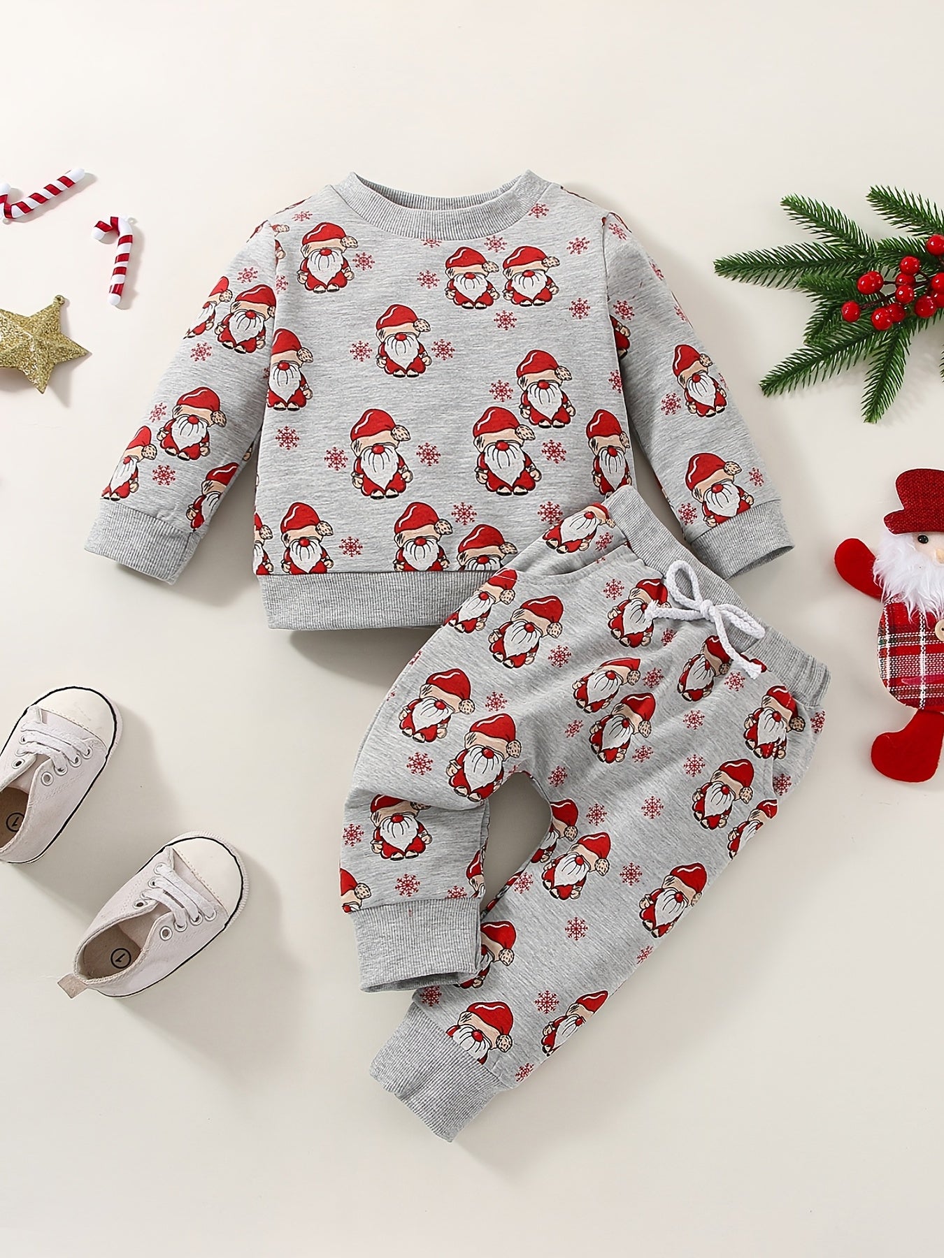 Santa Claus Print Long Sleeve Sweatshirt & Pants 2pcs Outfit