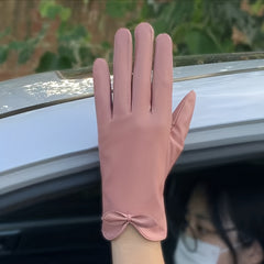 Solid Bow PU Gloves Warm Outdoor Coldproof Gloves