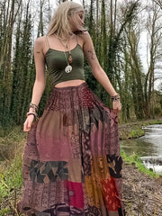 Hippie Patchwork Print Drawstring Skirt Boho Skirt Spring Summer Women's