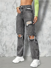 Grey Ripped Holes Straight Jeans Loose Fit Distressed Denim Pants