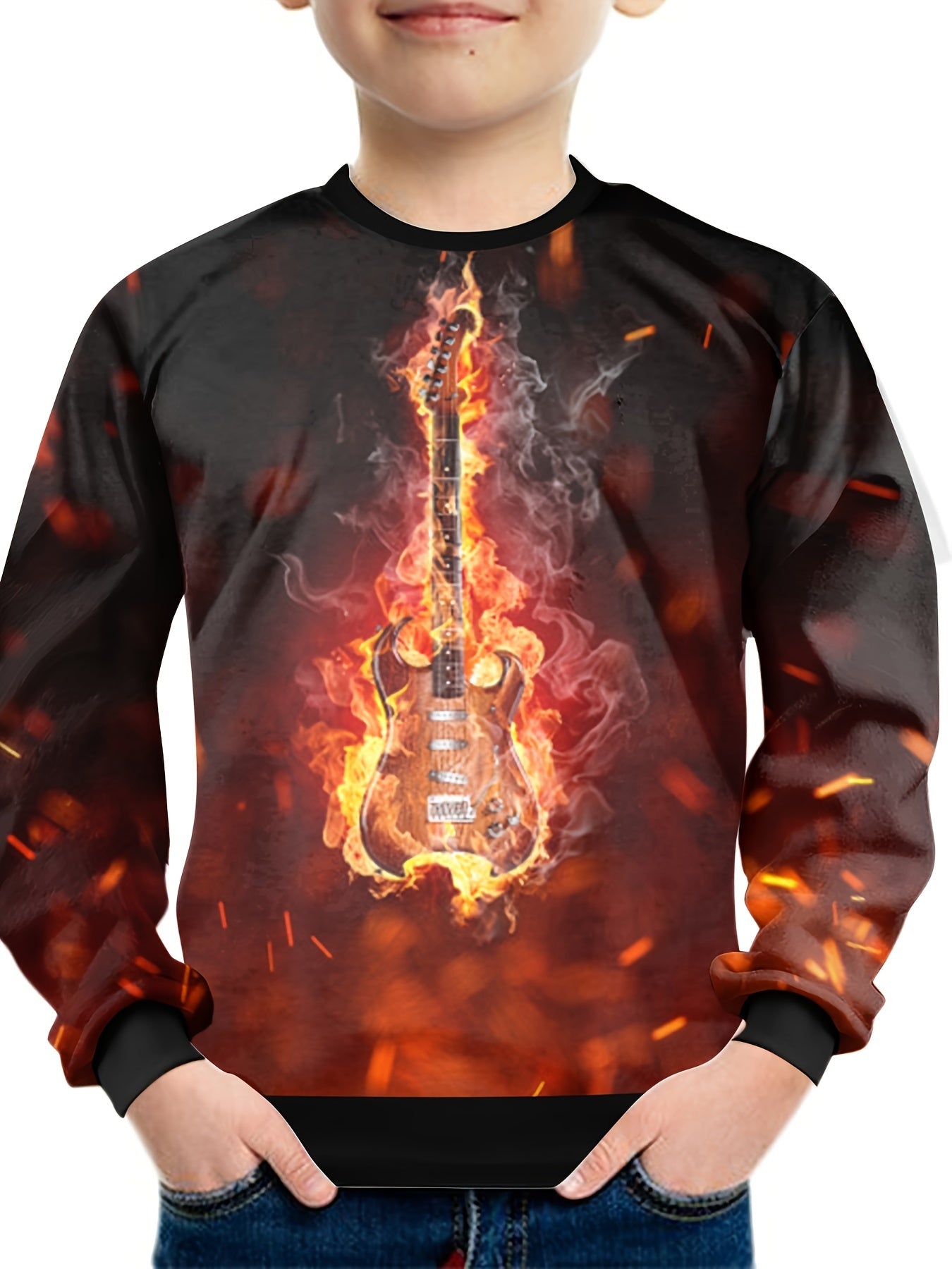 Flame Guitar Print Boys Sweatshirt Long Sleeve Pullover Top