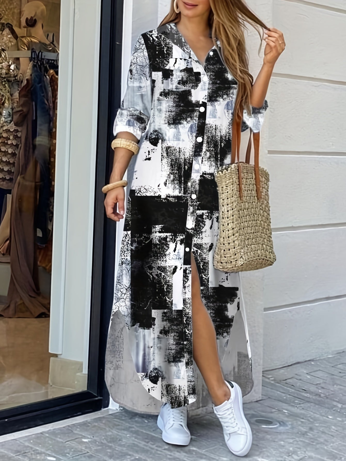 Denim Print Button Shirt Dress Casual Long Sleeve Dress