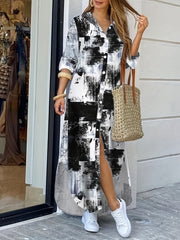 Denim Print Button Shirt Dress Casual Long Sleeve Dress