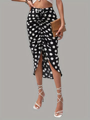 Polka Dot Print Casual Ruched Drawstring Bag Hip Skirt