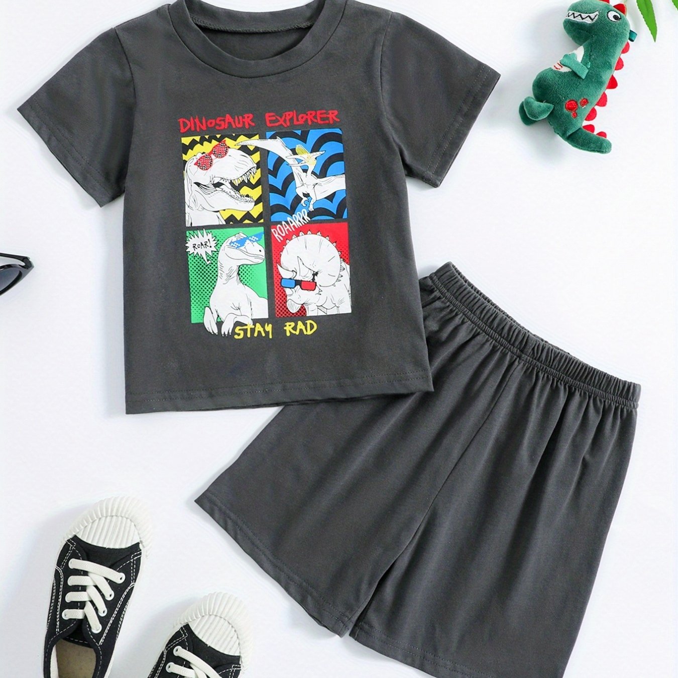 2pcs Boys Teen Dinosaur T-shirt & Shorts Set for Summer