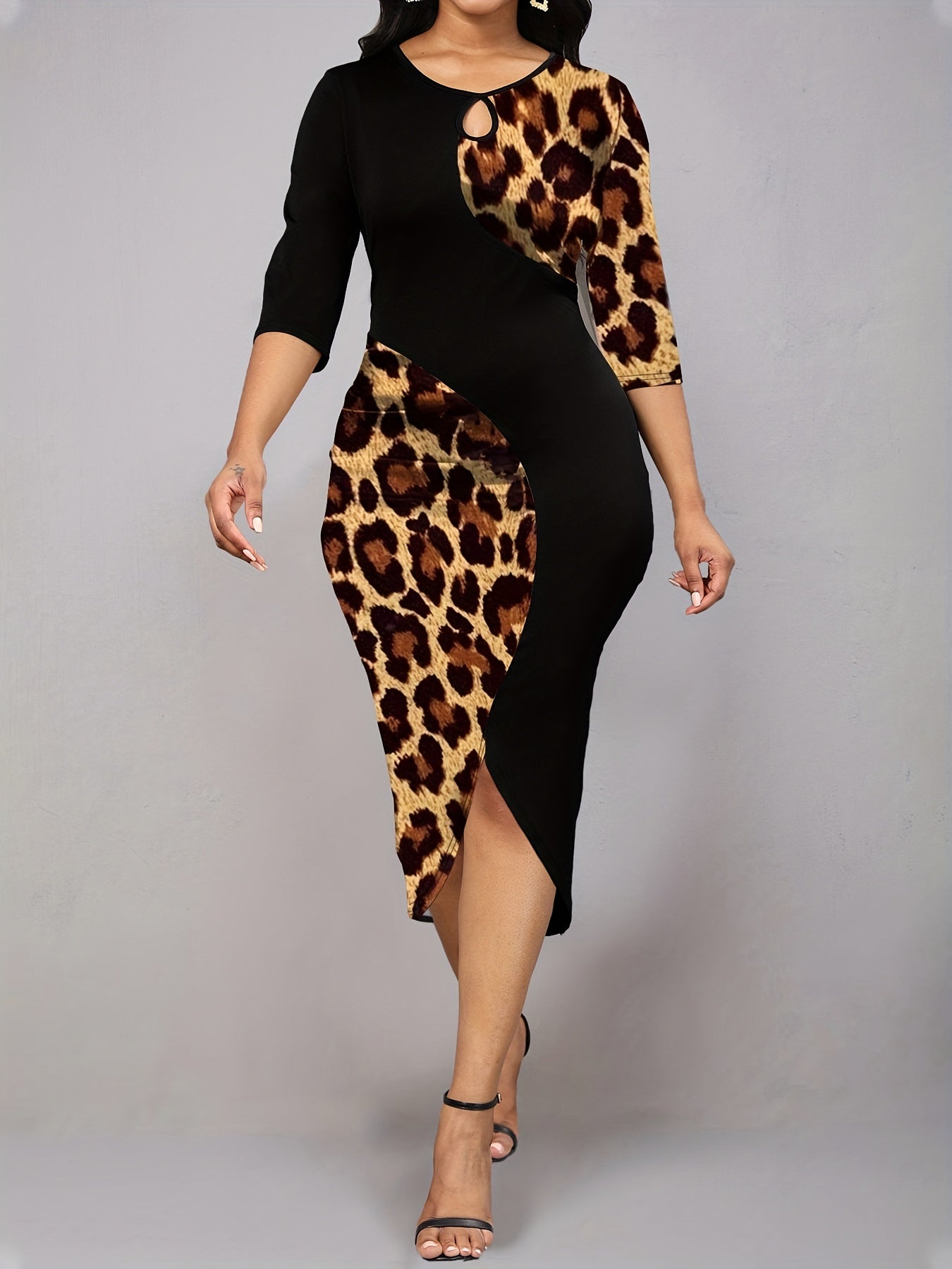 Leopard Splicing Dress Keyhole 3/4 Sleeve Pencil Dress