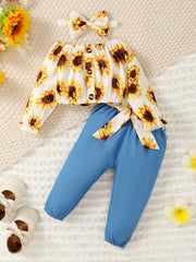 Baby Girls Sunflower Print Outfit Long Sleeve Crop Top Faux Denim Pants Set