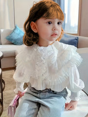 Girls Collared Long Sleeve Shirt with Flutter Trims for Spring and Autumn