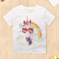 Girls Pony Print Short Sleeve T Shirt Crew Neck Summer Top For Kids