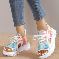 Women's Tie Dye Knit Sports Sandals Lace Up Peep Toe Slingback Shoes