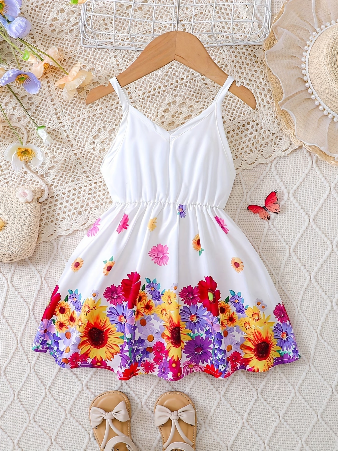 Flower Print Pleated Cami Dress for Girls