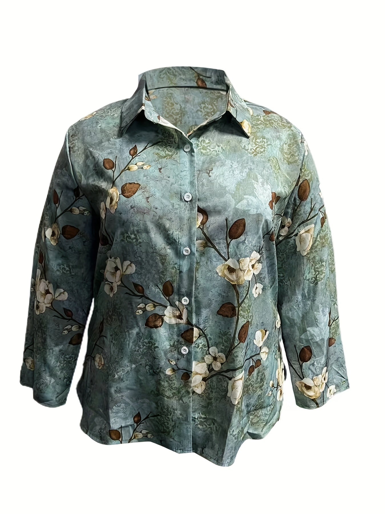 Retro Blouse Women's Plus Floral Print Long Sleeve Shirt