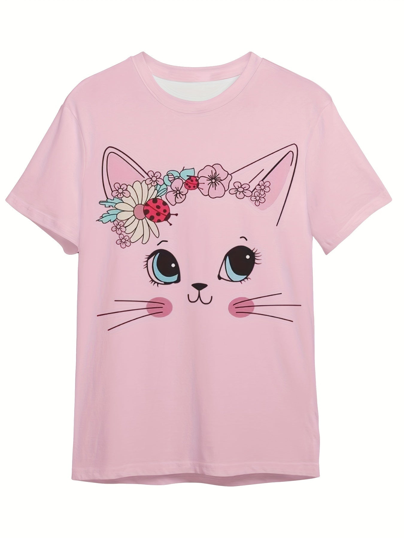 Kids Flower Kitty Graphic Short Sleeve T-shirt for Summer