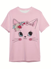 Kids Flower Kitty Graphic Short Sleeve T-shirt for Summer