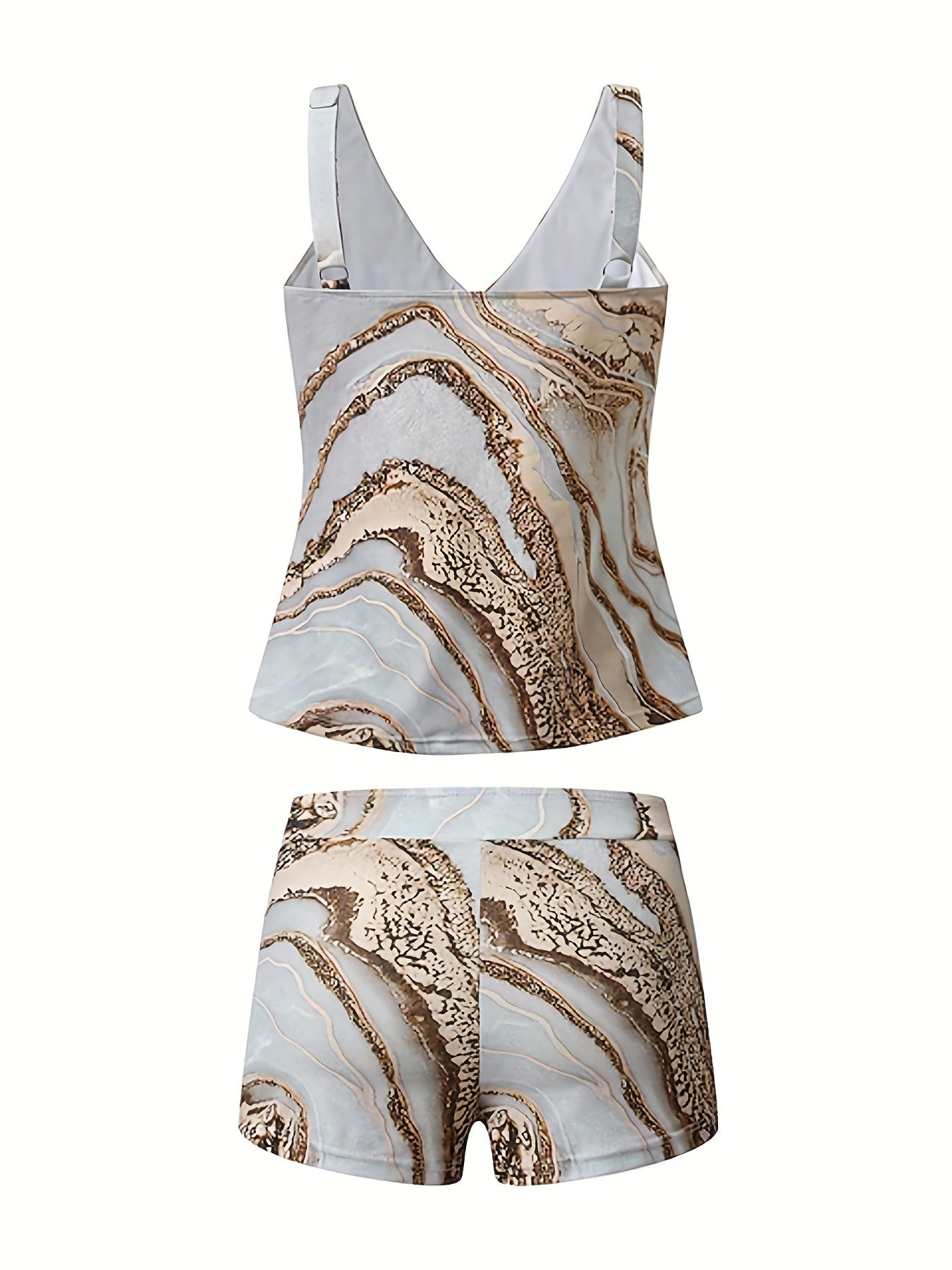 Women's Plus Marble Print Tankini Set with Wrap Cross Front Tank Top & Shorts